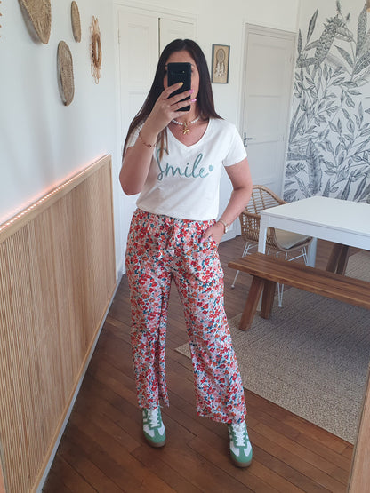 T-shirt Smile blanc et vert d'eau oversize col v pour femme