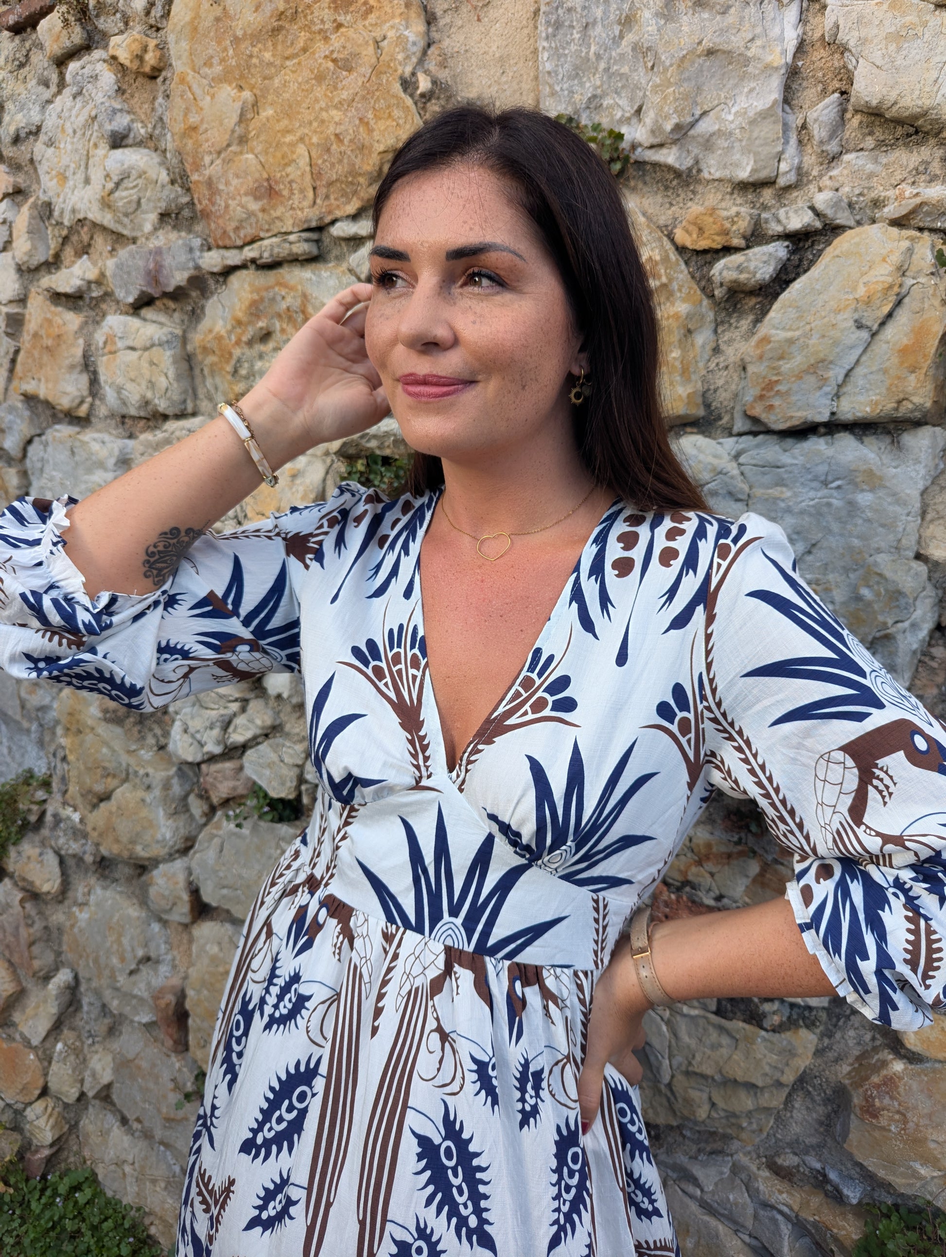 Robe courte manches longues blanc marine marron