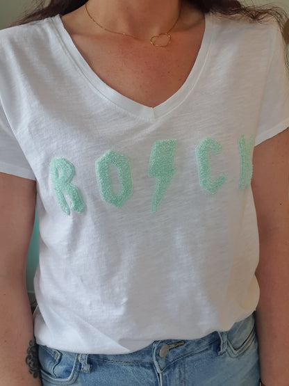 T-shirt femme rock blanc et vert d'eau col en v