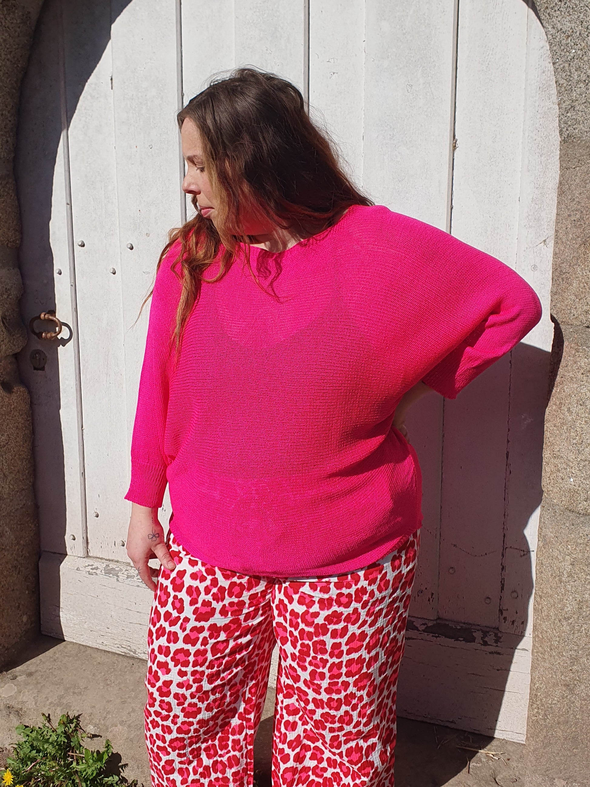 Pull ajouré rose fushia manches chauve souris grande taille