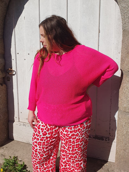 Pull ajouré rose fushia manches chauve souris grande taille