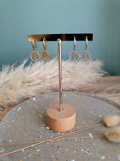 Boucles d'oreilles créoles arbre de vie doré argenté femme