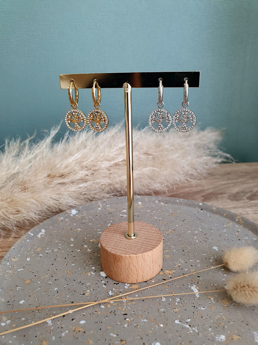 Boucles d'oreilles créoles arbre de vie doré argenté femme