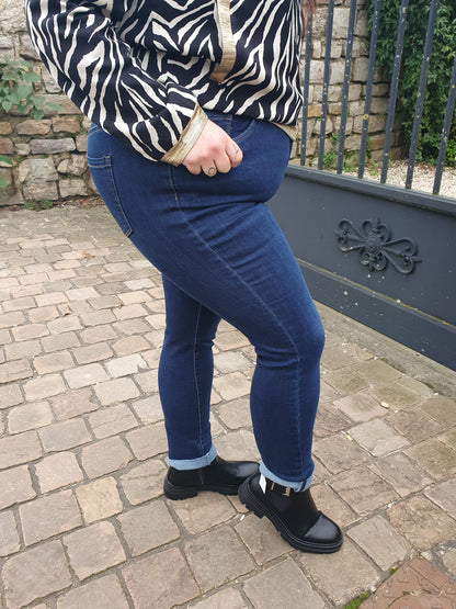 Jean femme coupe slim bleu foncé taille haute stretch
