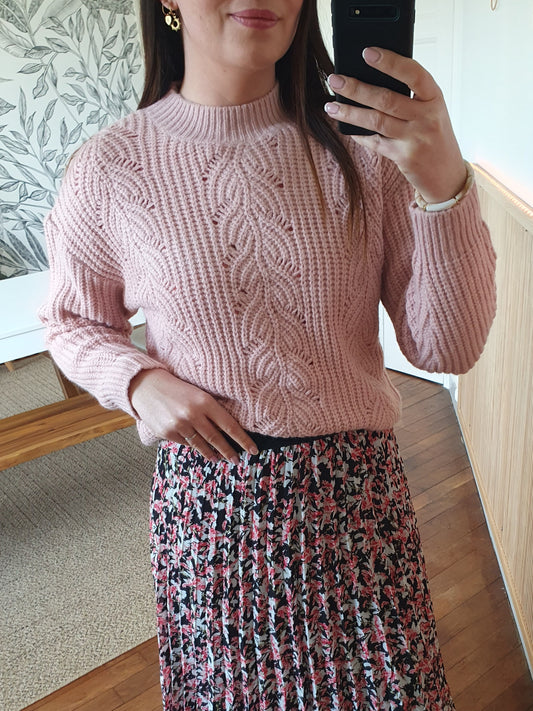 Pull ajouré rose pâle grosses mailles tendance pour femme