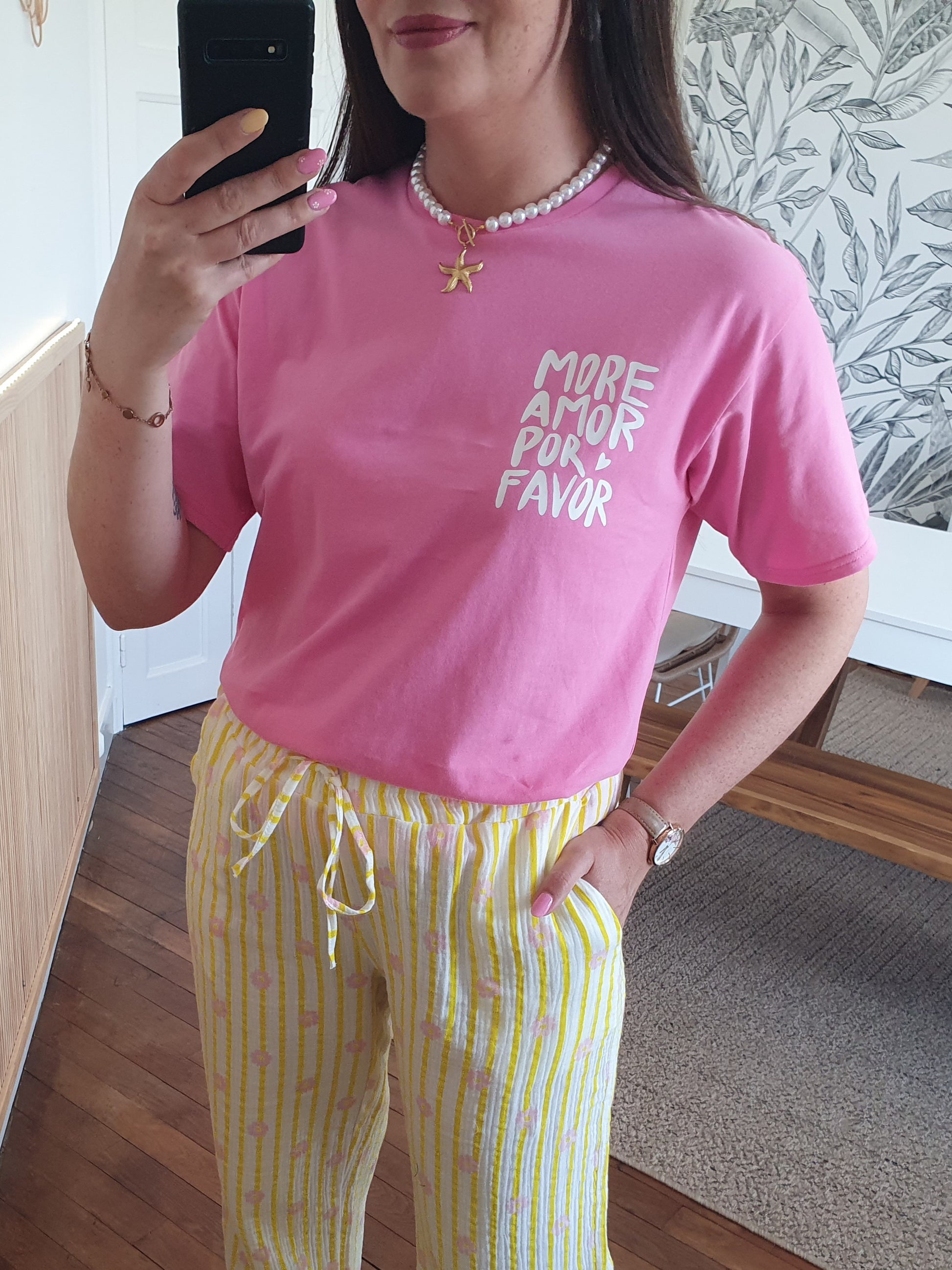 T-shirt oversize more amor por favor rose et blanc au dos