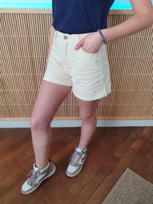 Short en toile fille couleur beige écru taille haute