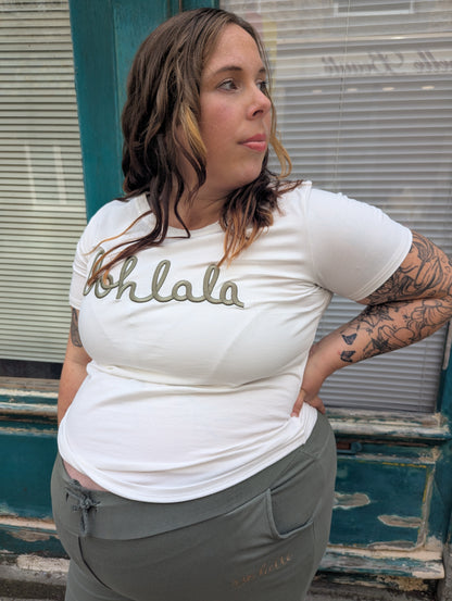 T-shirt OOHLALA blanc et kaki grande taille col rond