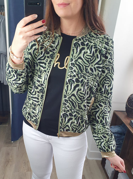 Bomber femme kaki et noir motif panthère détails dorés