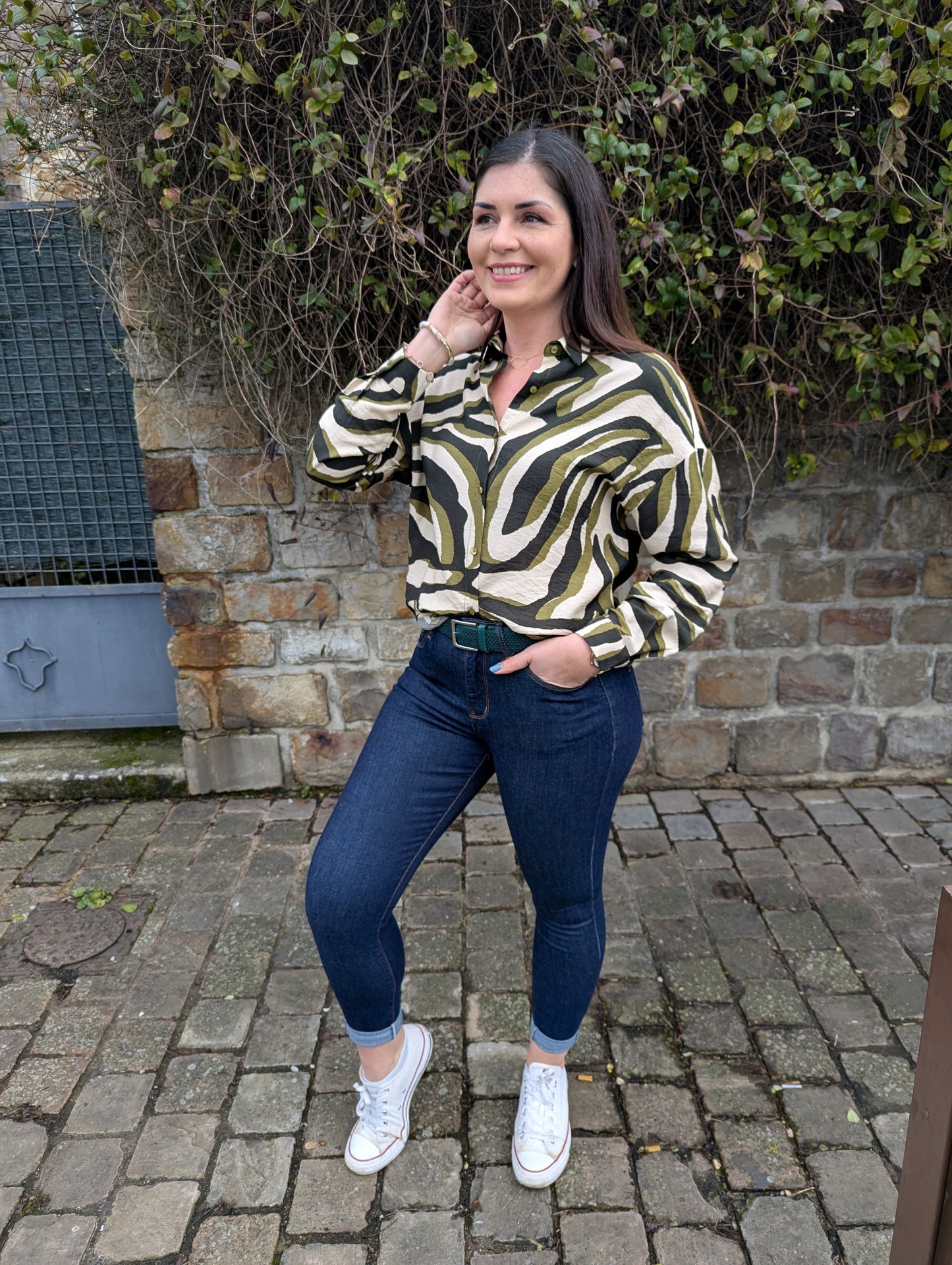 Chemise femme kaki beige noir motif zèbre