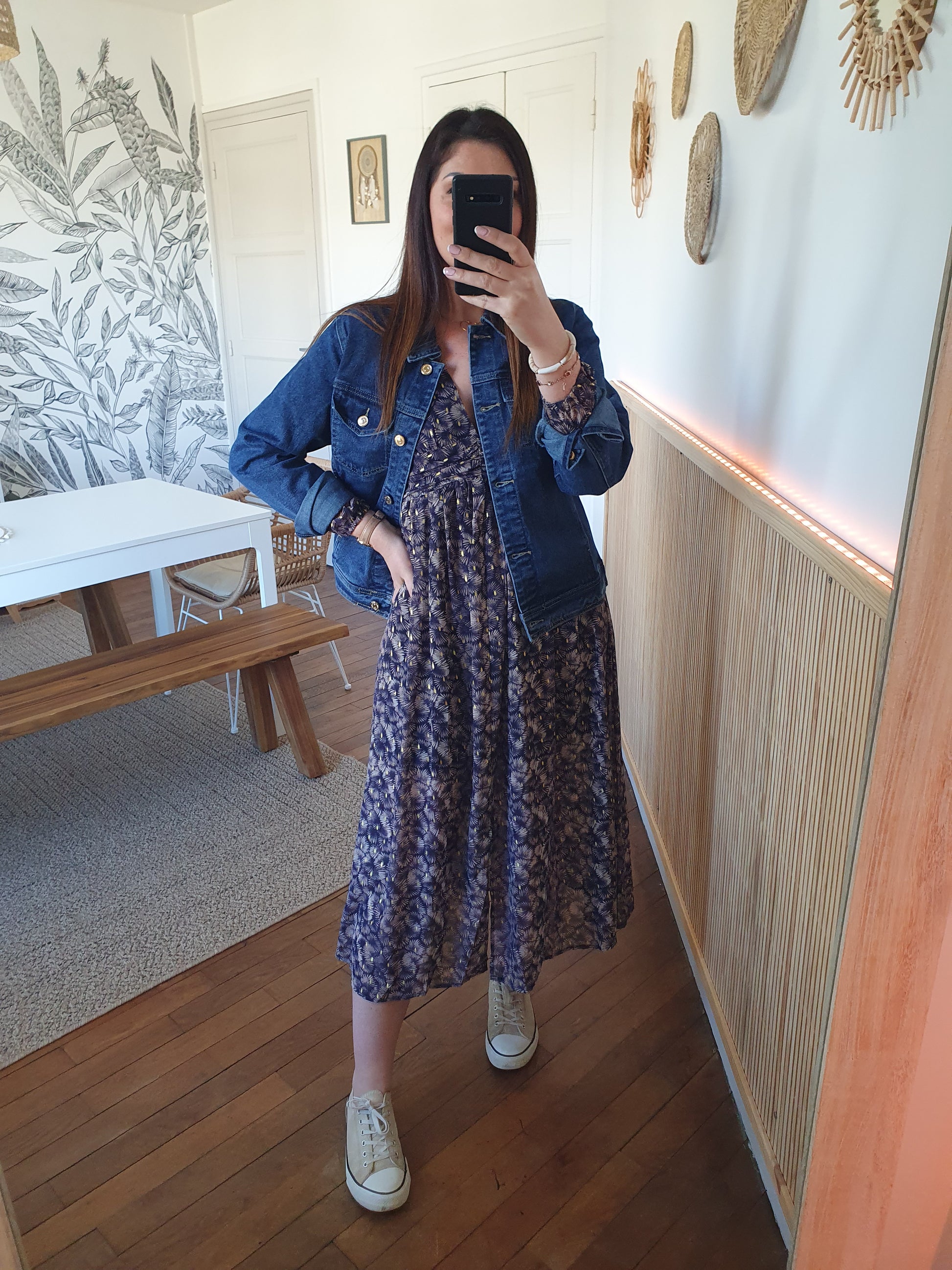 Robe longue manches longues pour femme bleu marine beige