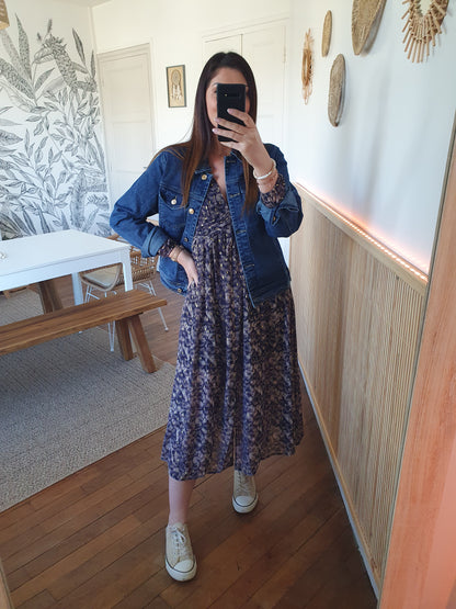 Robe longue manches longues pour femme bleu marine beige