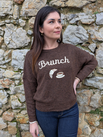 Pull marron chocolat brunch café croissant femme
