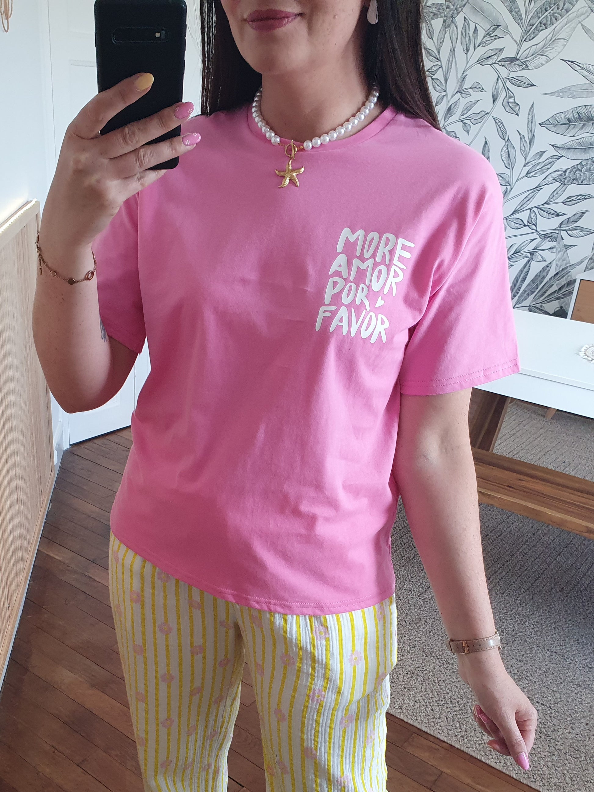 T-shirt oversize more amor por favor rose et blanc au dos