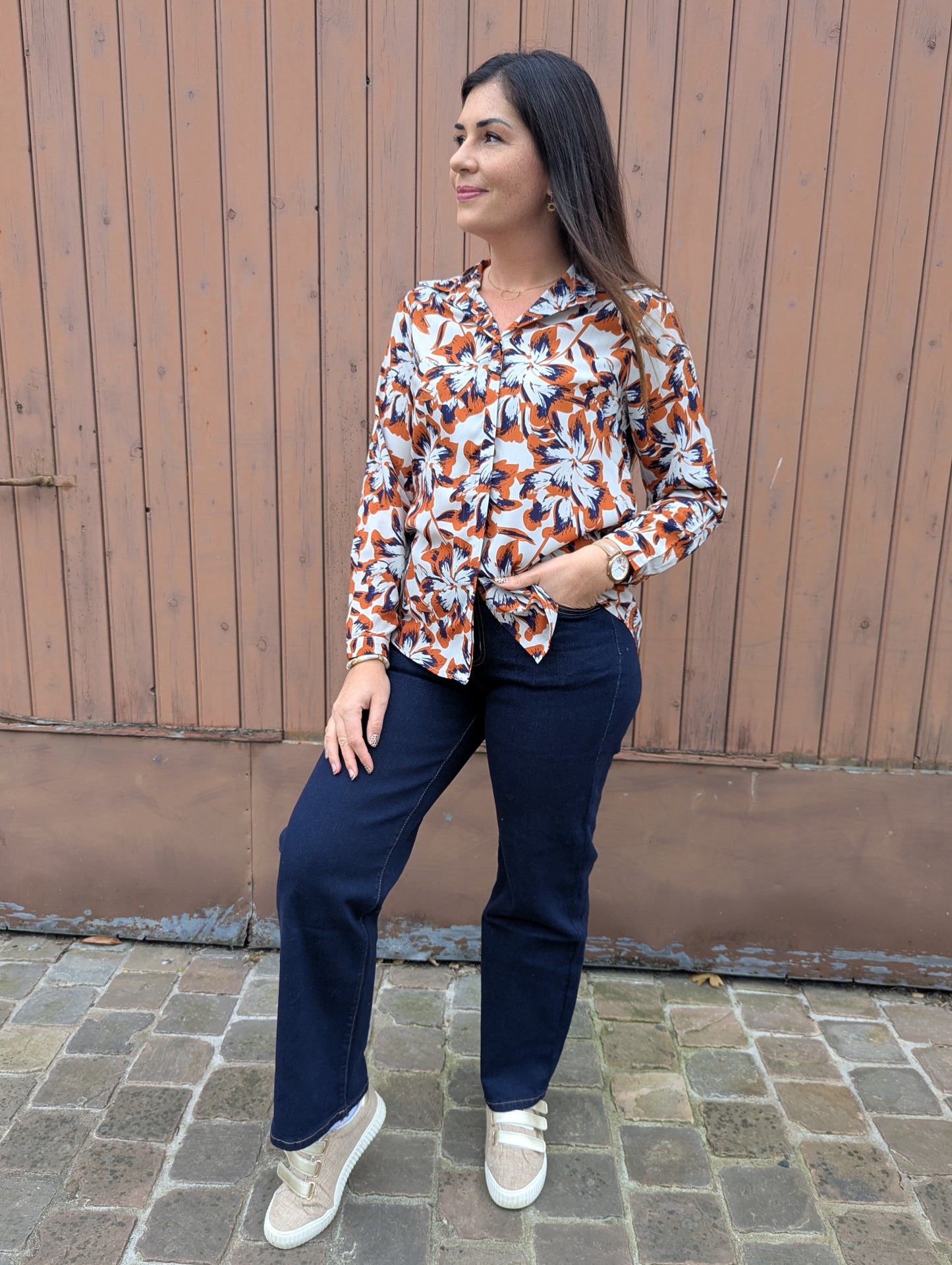 Chemise fluide fleuri couleurs automne femme