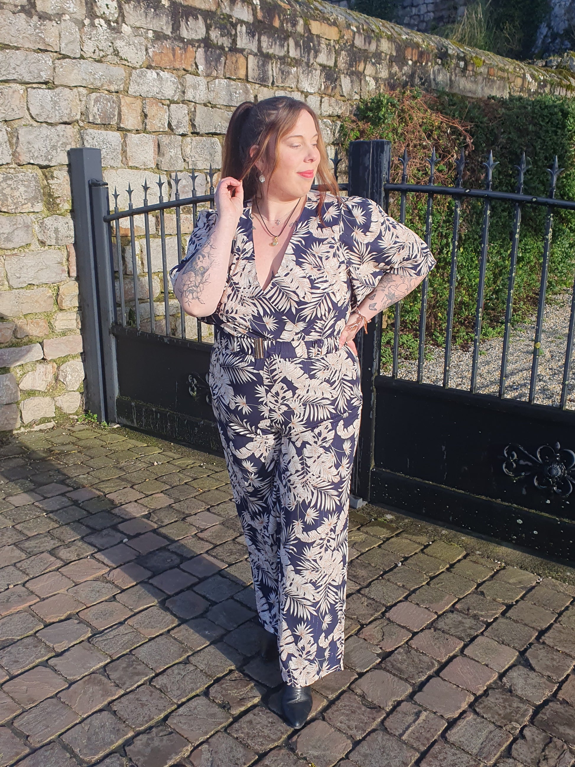 Combinaison pantalon fluide grande taille motif tropical