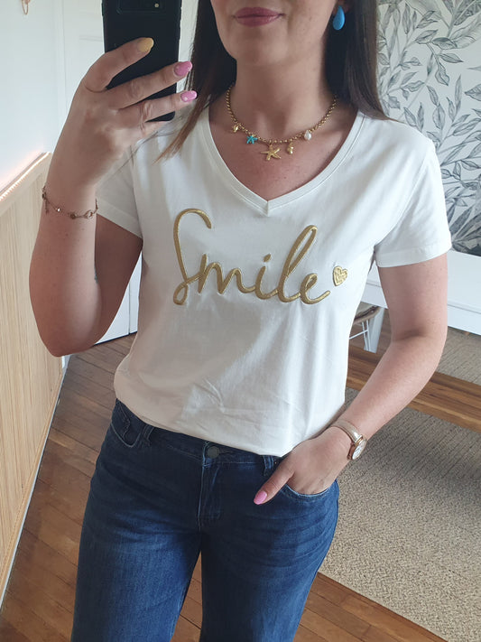 T-shirt Smile blanc et doré oversize col v pour femme