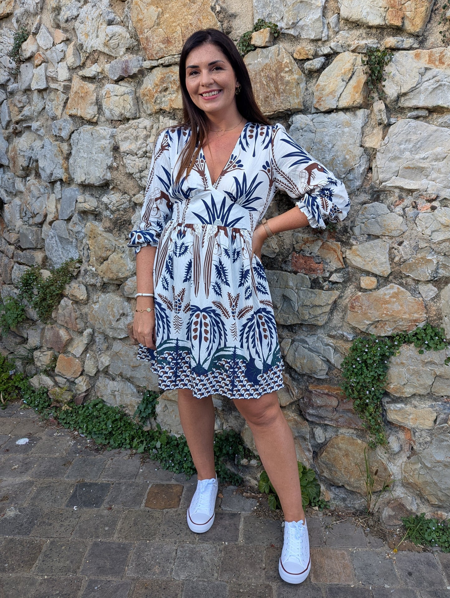 Robe courte manches longues blanc marine marron