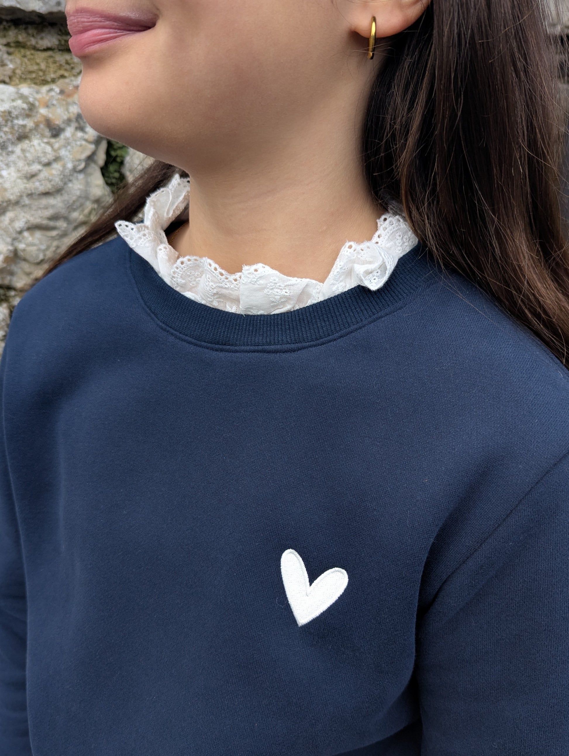 Sweat bleu marine avec col dentelle blanche pour fille