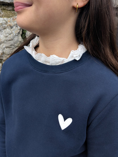 Sweat bleu marine avec col dentelle blanche pour fille