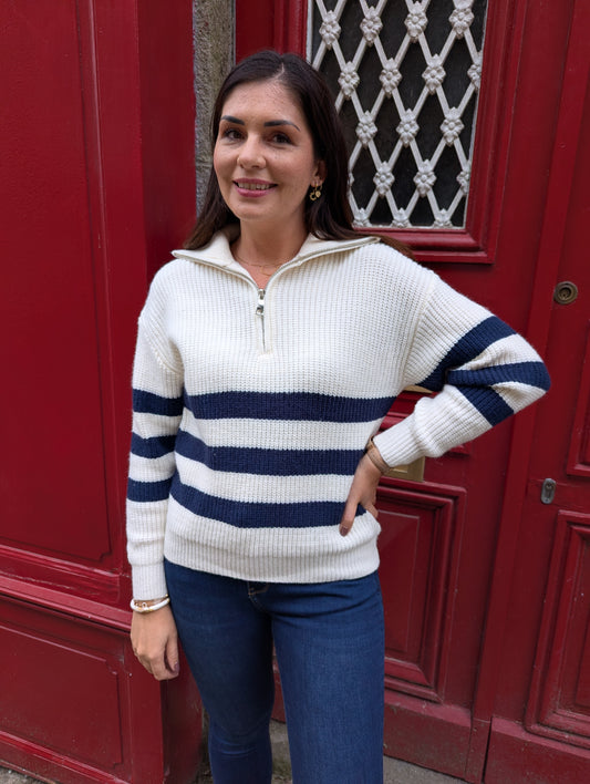 Pull rayé col camionneur blanc et bleu marine femme