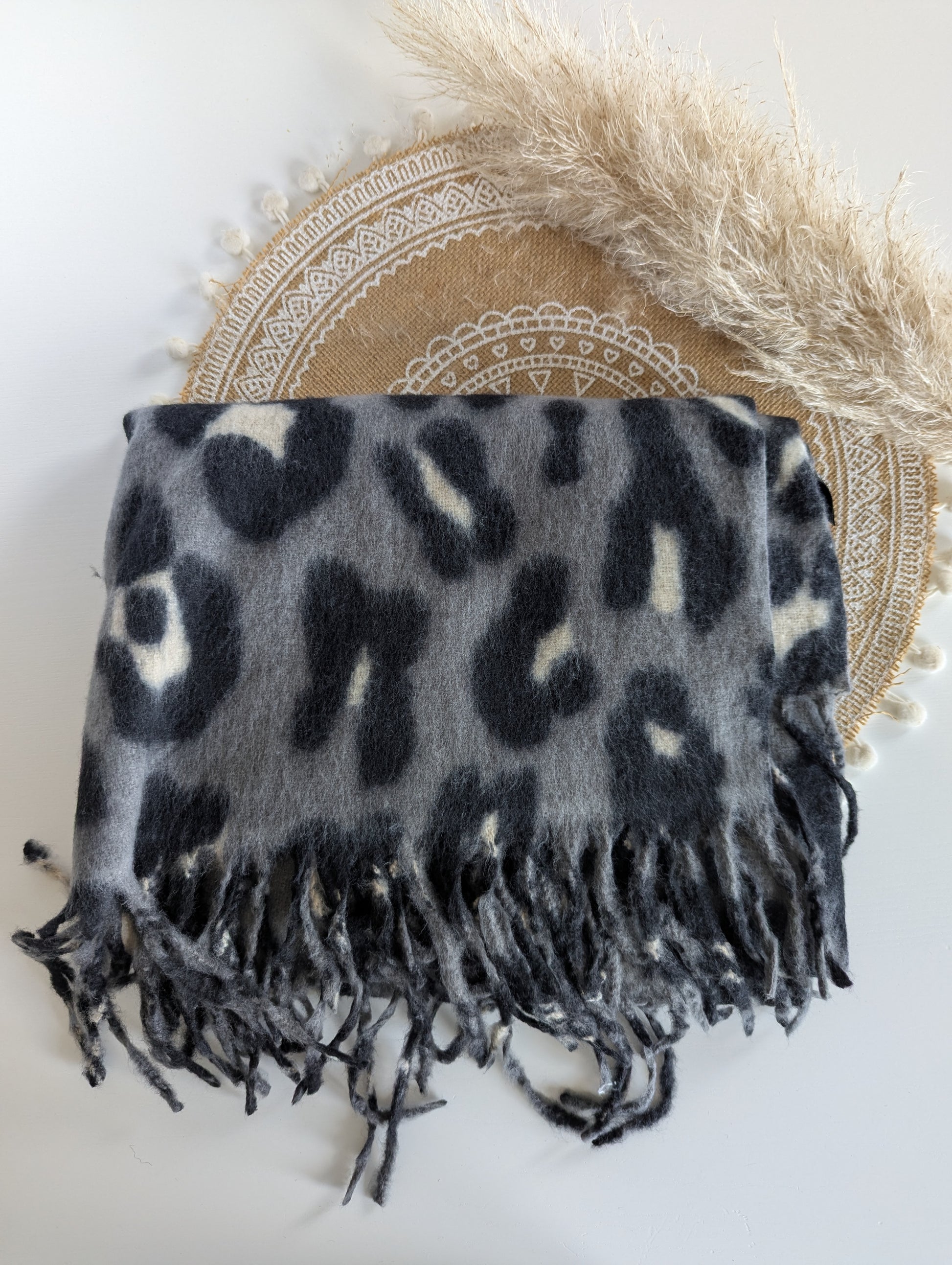 Echarpe épaisse léopard gris pour femme franges