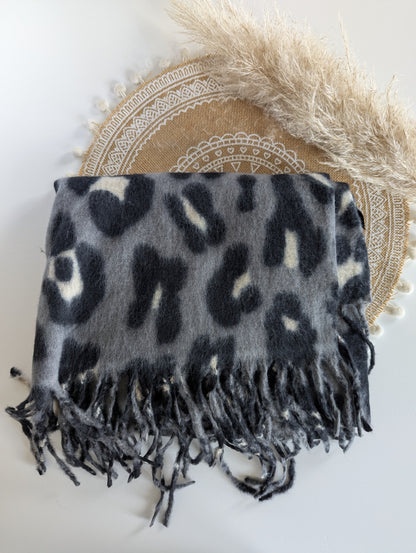 Echarpe épaisse léopard gris pour femme franges