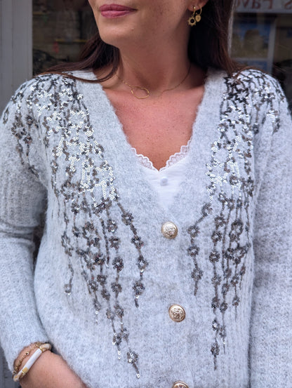 Gilet cardigan gilet femme gris et sequins argentés