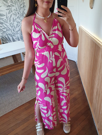 Combinaison pantalon fluide rose fushia dos nu et bretelles