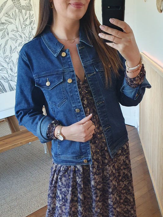 Veste en jean bleu brut coupe cintrée stretch pour femme
