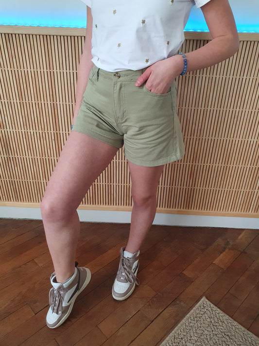 Short en toile fille couleur vert kaki taille haute réglable