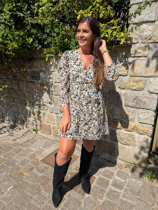 Robe fleurie beige noir moutarde effet cache-coeur femme