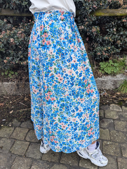 Jupe longue fleurie bleu fille avec chouchou assorti