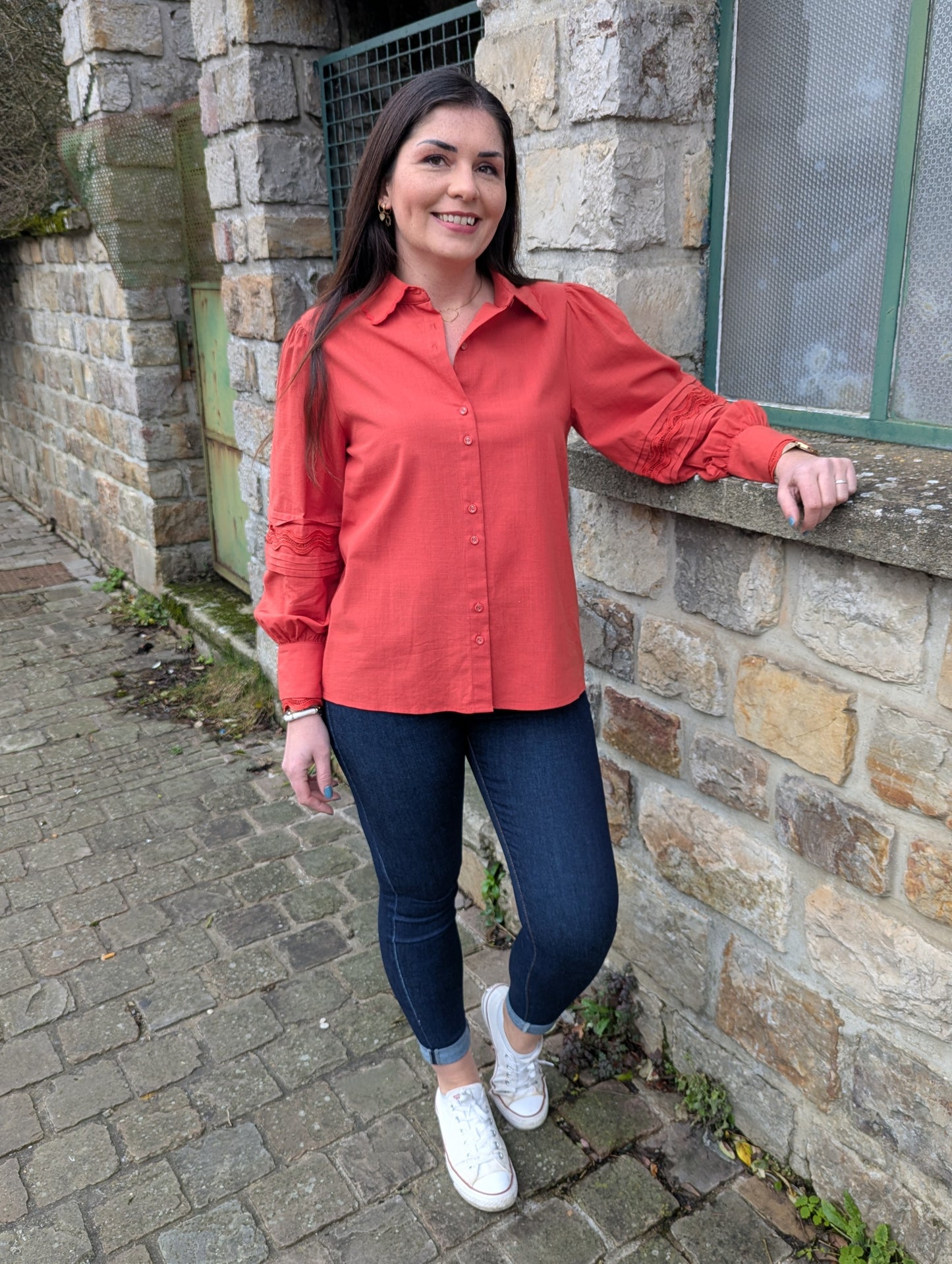 Chemise en coton terracotta avec dentelle femme