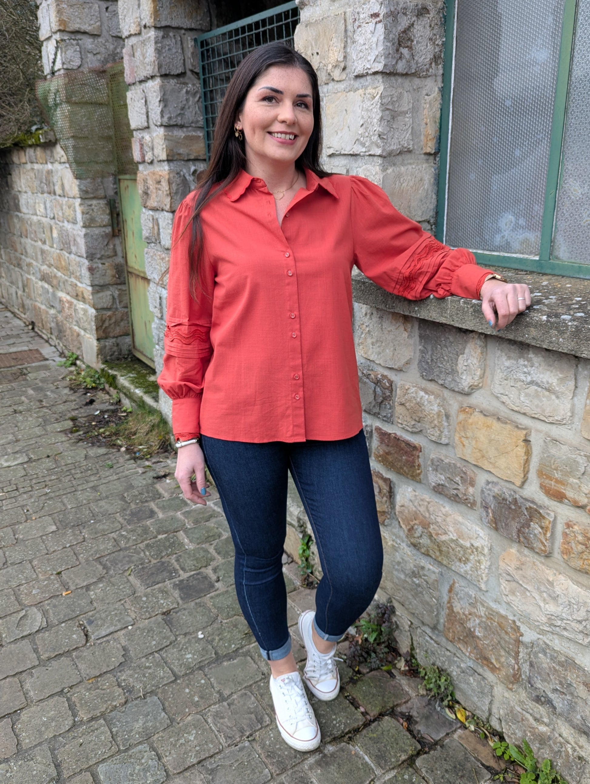 Chemise en coton terracotta avec dentelle femme