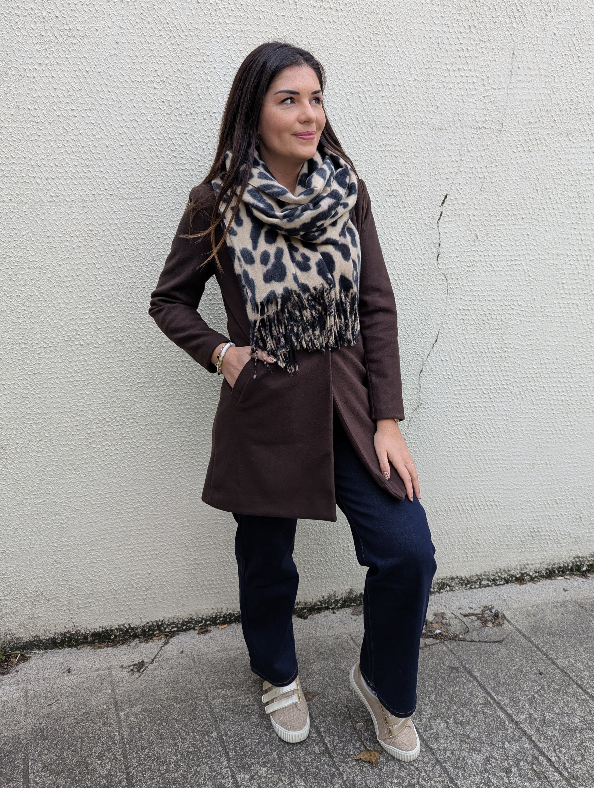 Echarpe épaisse léopard beige avec franges