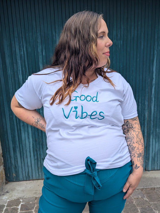 T-shirt good vibes blanc bleu canard grande taille