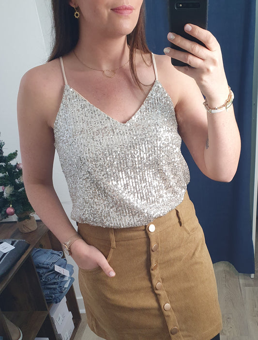 Débardeur beige doré avec sequins champagne pour fêtes