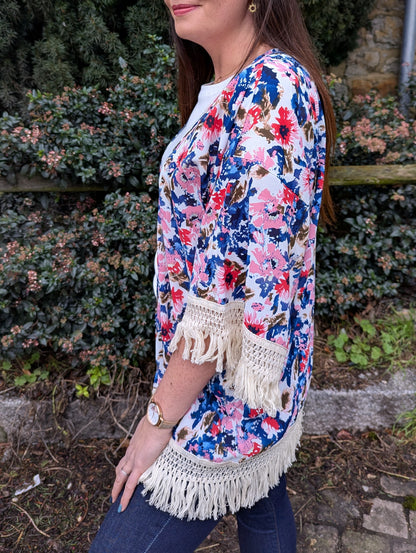 Kimono fleuri blanc rose marine femme avec franges écru