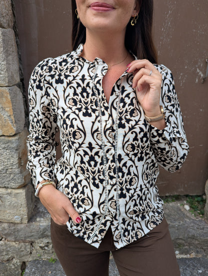 Blouse femme fleurs baroques beige noir marron