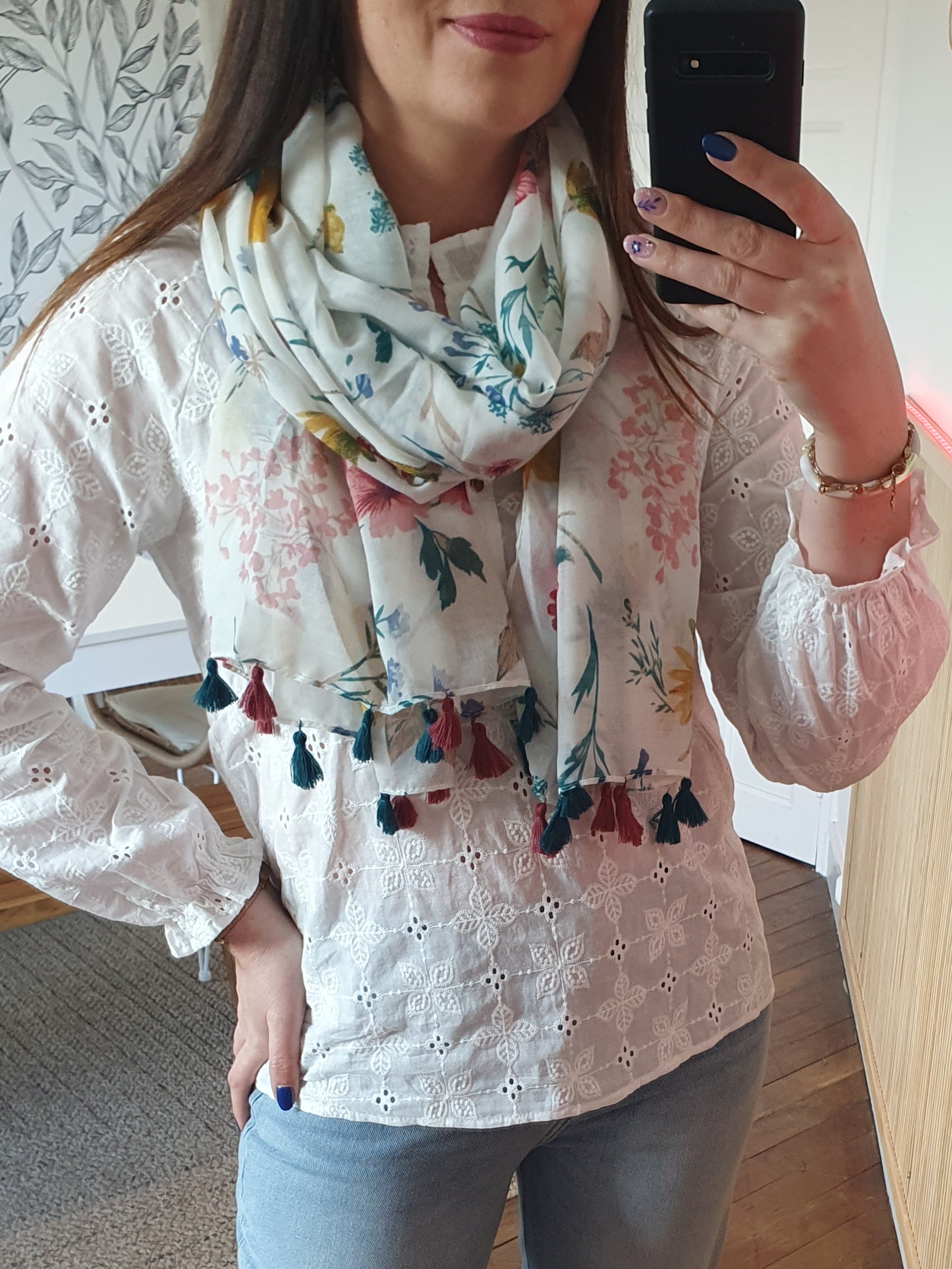 Foulard multicolore avec pompons femme printemps