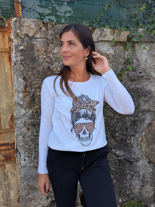T-shirt manches longues tête de mort léopard strass