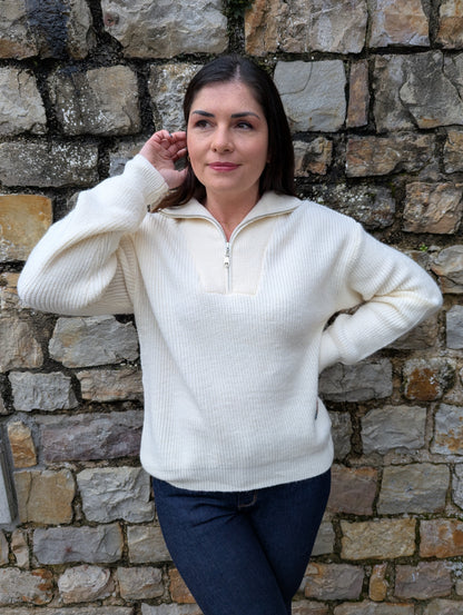 Pull beige clair col camionneur grosses mailles femme