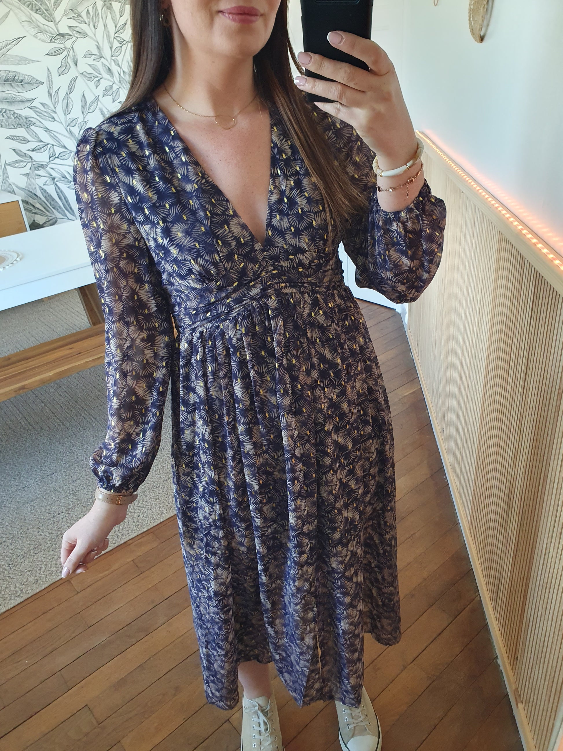 Robe longue manches longues pour femme bleu marine beige