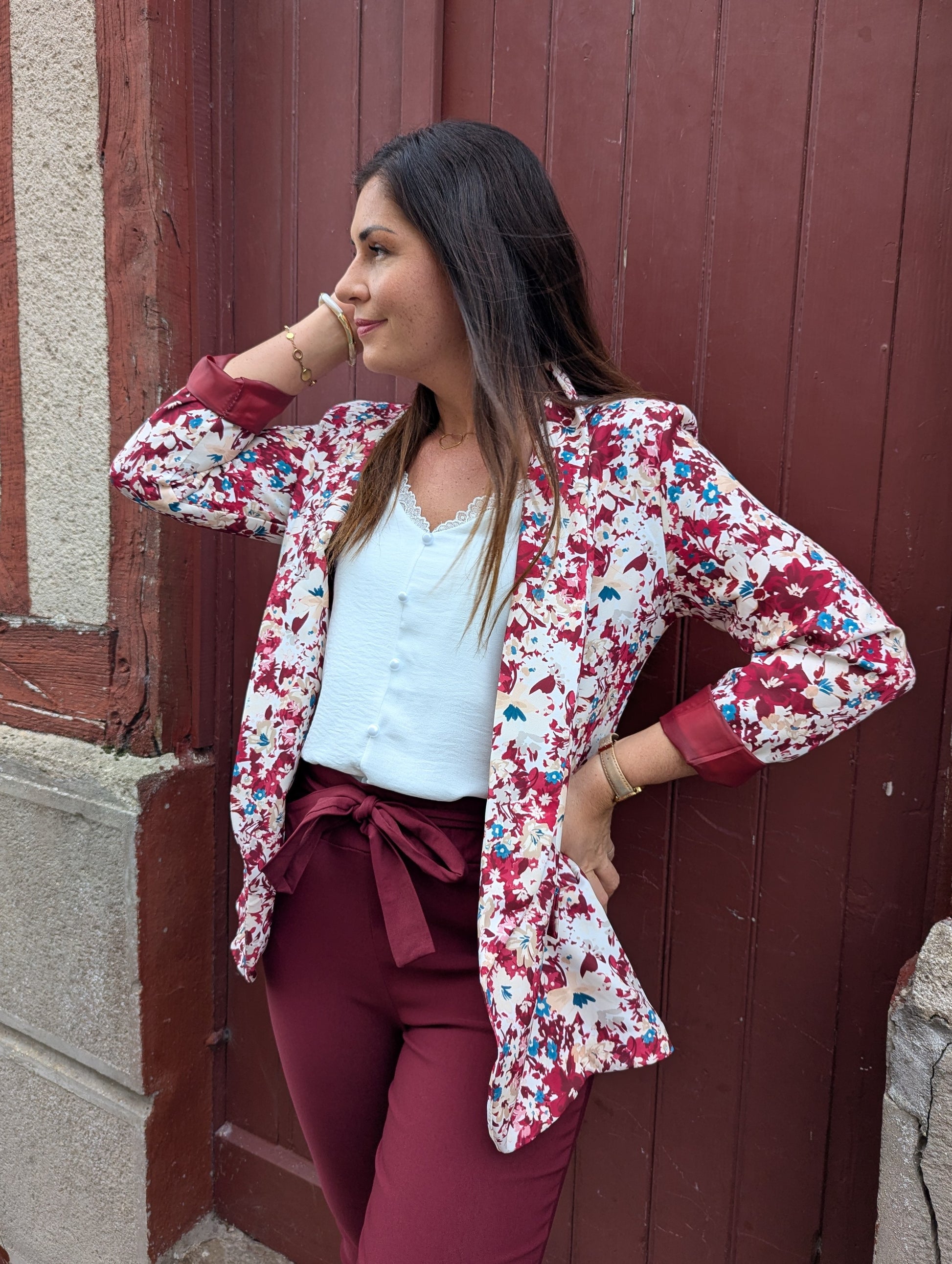 Pantalon paperbag bordeaux taille haute élastique