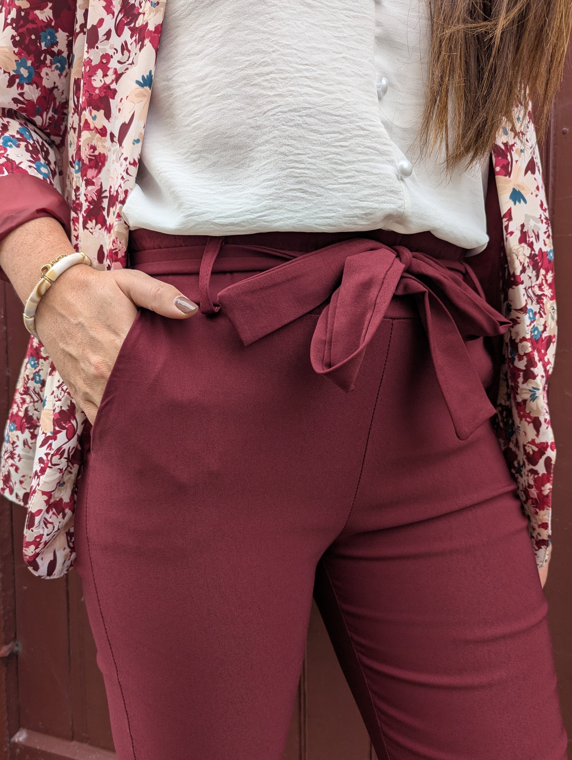 Pantalon paperbag bordeaux taille haute élastique
