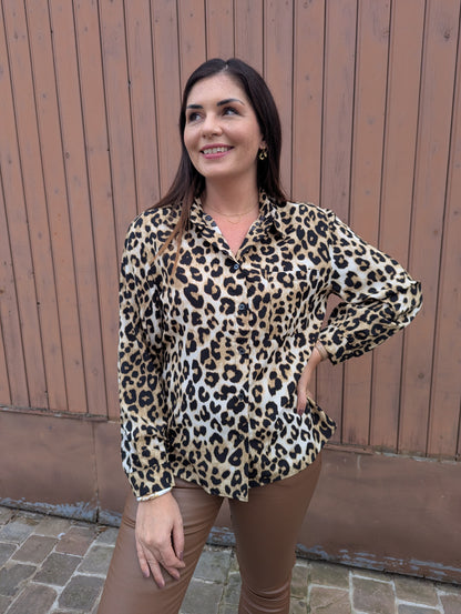 Chemise fluide léopard femme noir et beige oversize