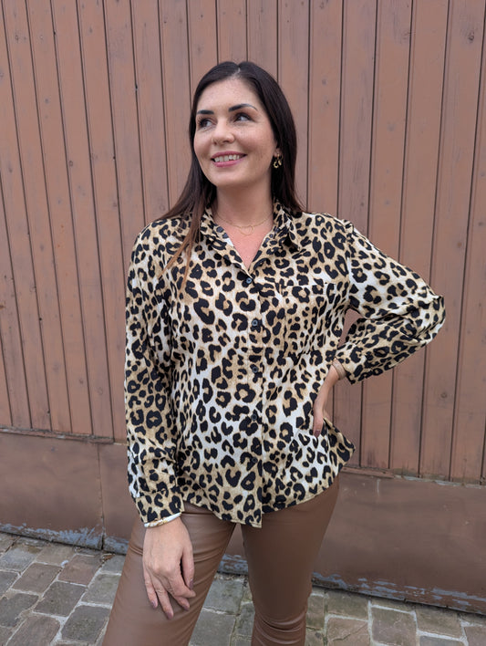 Chemise fluide léopard femme noir et beige oversize