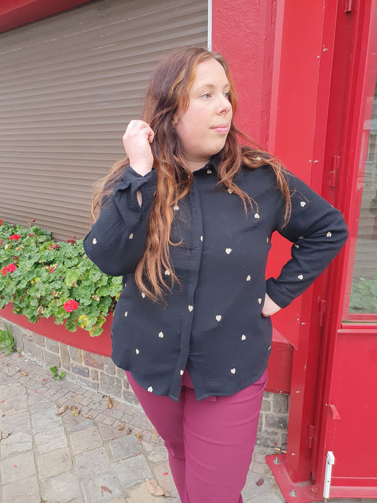 Chemise gaze de coton noir coeurs dorés grande taille femme