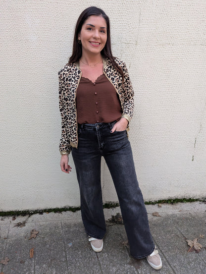 Bomber femme motif léopard beige marron avec détails dorés